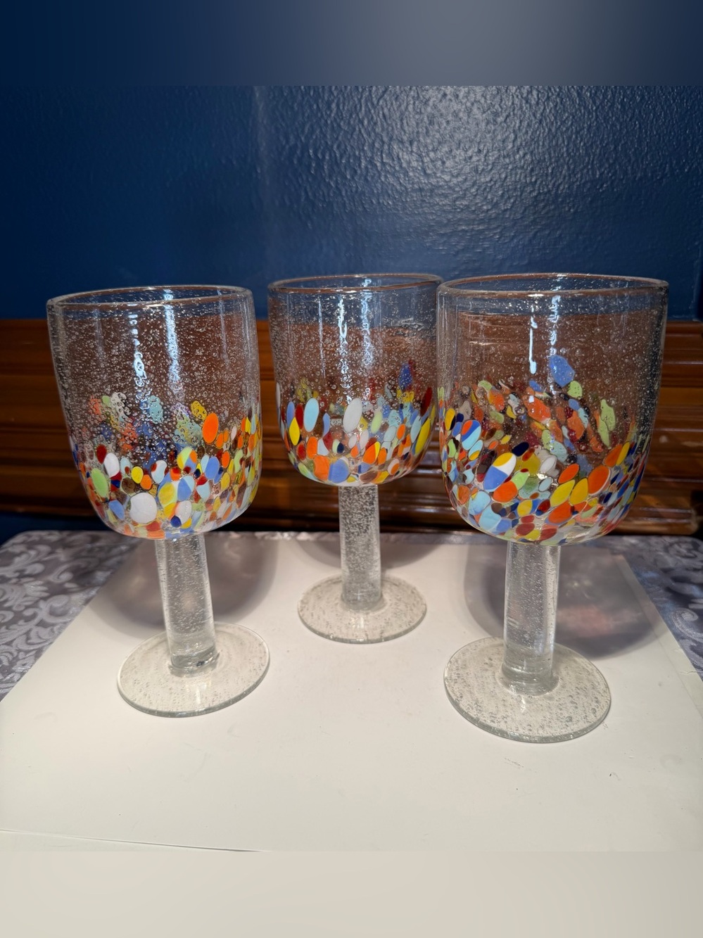 Hand-blown Mexican Confetti Goblets Pebbled Bubble Texture Colorful Mosaic Glass